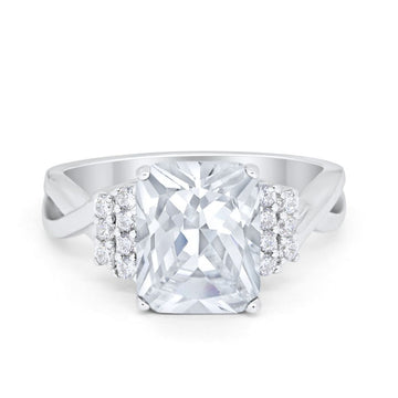 Engagement Ring Emerald Cut Round Simulated Cubic Zirconia 925 Sterling Silver